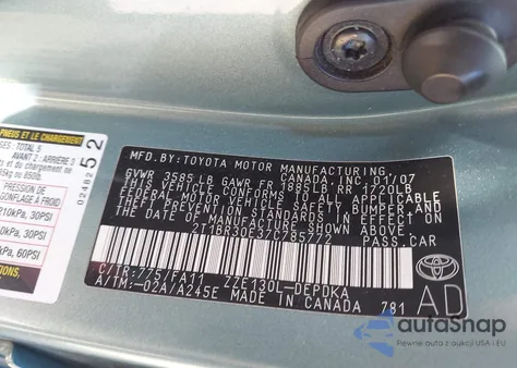 2007 Toyota Corolla Ce z USA, uszkodzony, nr VIN 2T1BR30E37C785772